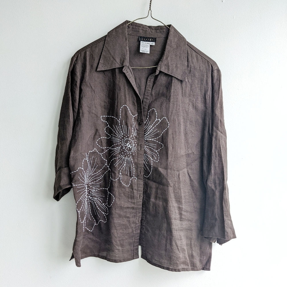 Brown Linen button up with long cuffed sleeves size 10